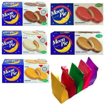 MoonPie Minis – Chocolate, Strawberry, Salted Caramel, Banana & Vanilla – Marshmallow Sandwich Cookies – 5 Boxes (30 Minis) + 5 Bonus Lunch Bags – Individually Wrapped Snacks for Kids, Parties & Gifts