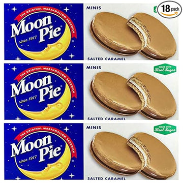 Moon Pie -Mini's 3 Boxes of -Salted Caramel - 6 pie's per box,3 Boxes 18 pies total and 3 x Bright Colored Lunch Bags