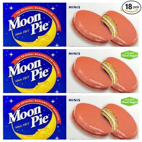 Moon Pie -Mini's 3 Boxes of - Strawberry - 6 pie's per box,3 Boxes 18 pies total! (Strawberry) and 3 x Bright Colored Lunch Bags