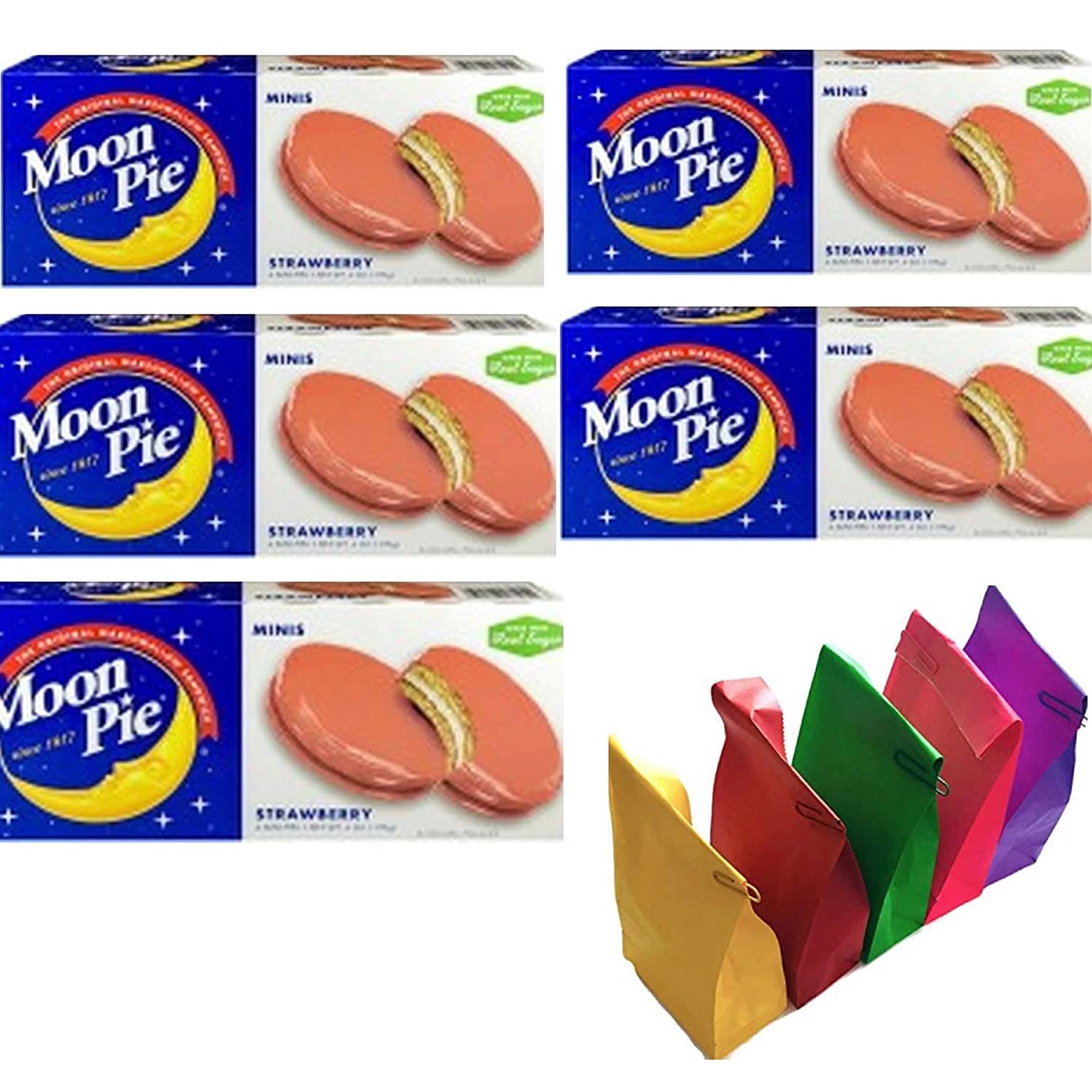 MoonPie Marshmallow Sandwich Minis Strawberry, Mini's ·6 Ounce (Pack of 6)) 5 Boxes 30 Pies Total Bonus 5 x Colored Lunch Bags